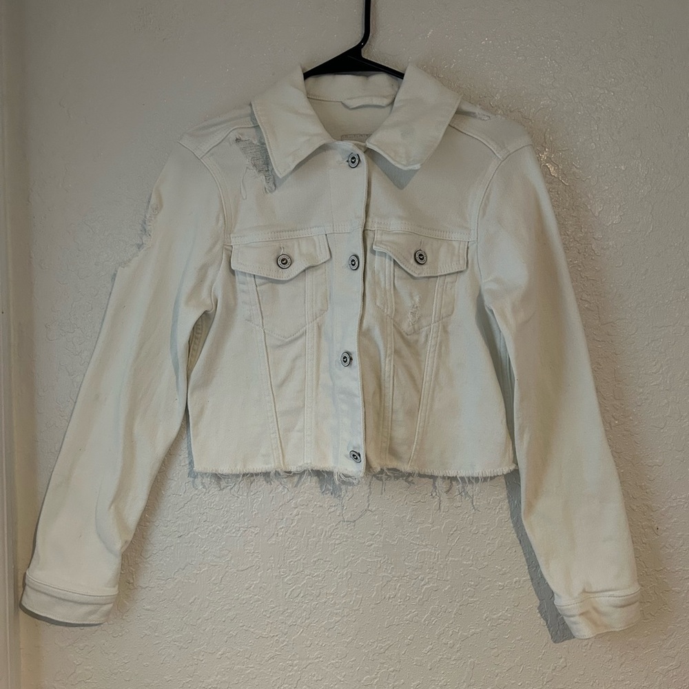 Hollister White Distressed Denim Jacket, Women, Size Small, 99% cotton, vintage.